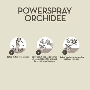 Everspring orchidee verzorgingsspray instructies met stappen voor schudden, sprayen op blad en wortels, niet in volle zon