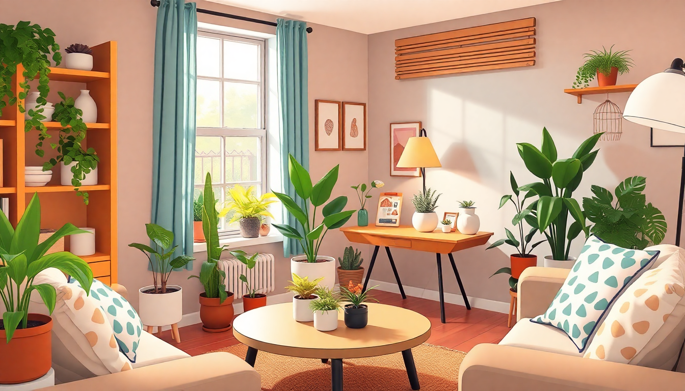 Kamerplanten in een kleine appartement cozy stijl cartoon zachtere tinten 