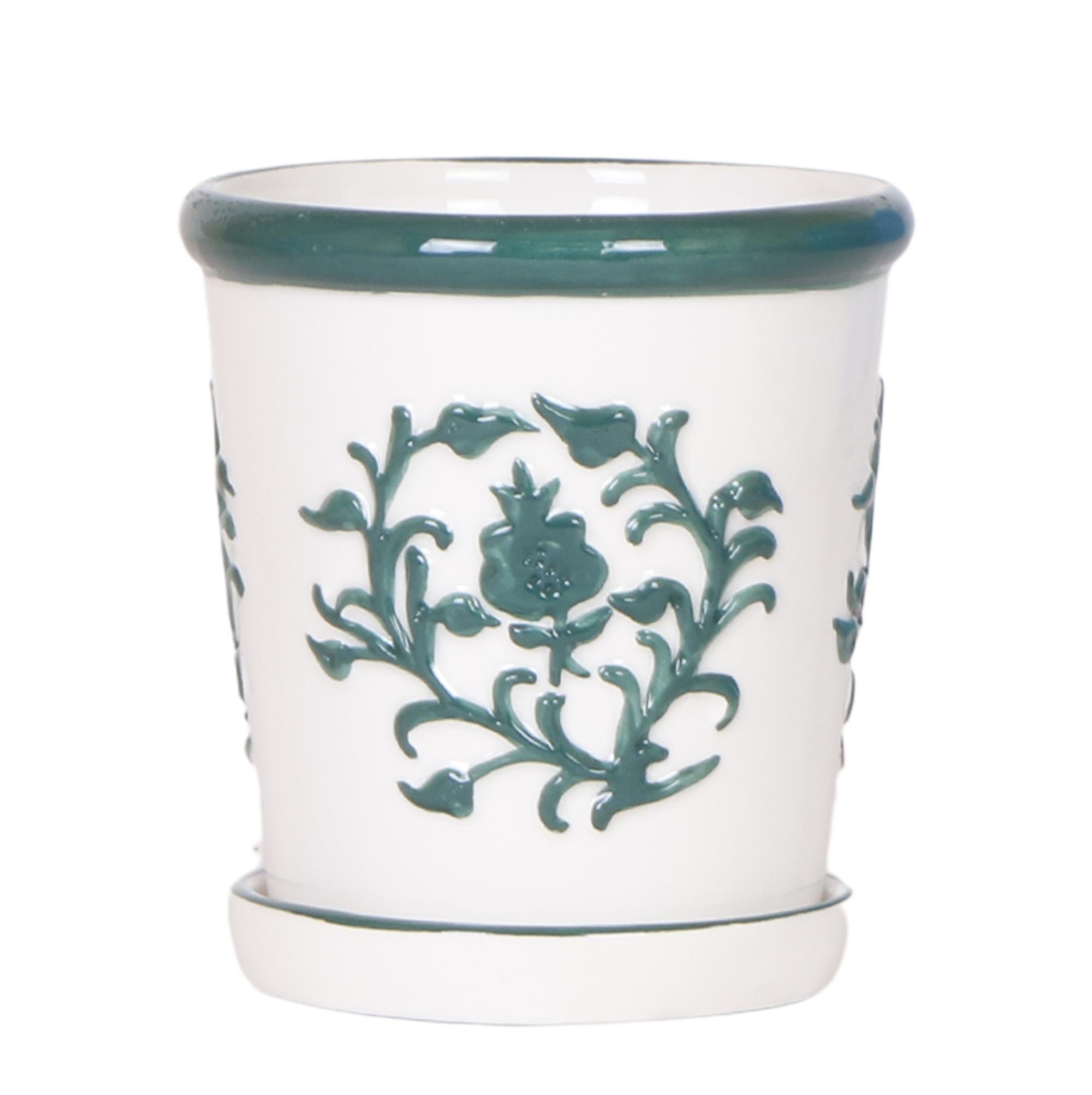 Everspring witte keramische pot met groene bloemmotief en bijpassend onderschaal