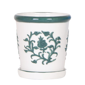 Everspring witte keramische pot met groene bloemmotief en bijpassend onderschaal