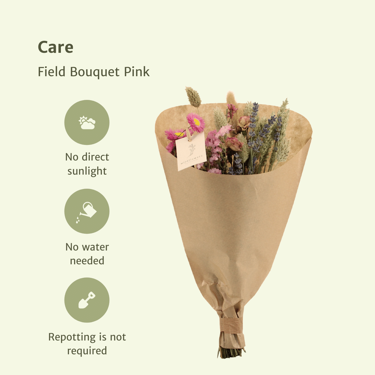 Droogbloemen boeket roze van Everspring verpakt in natuurlijk bruin papier zonder water nodig