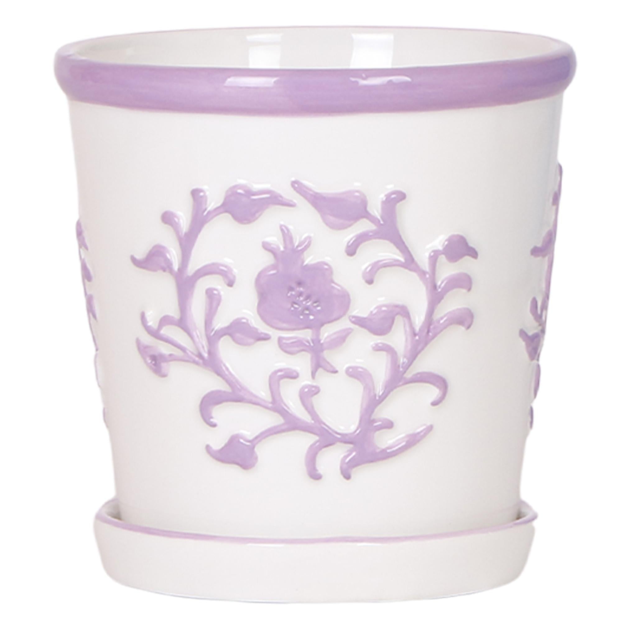 Everspring keramische pot wit met lila decoratieve bloemmotieven en bijpassend schaaltje