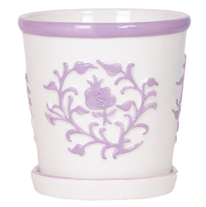 Everspring keramische pot wit met lila decoratieve bloemmotieven en bijpassend schaaltje