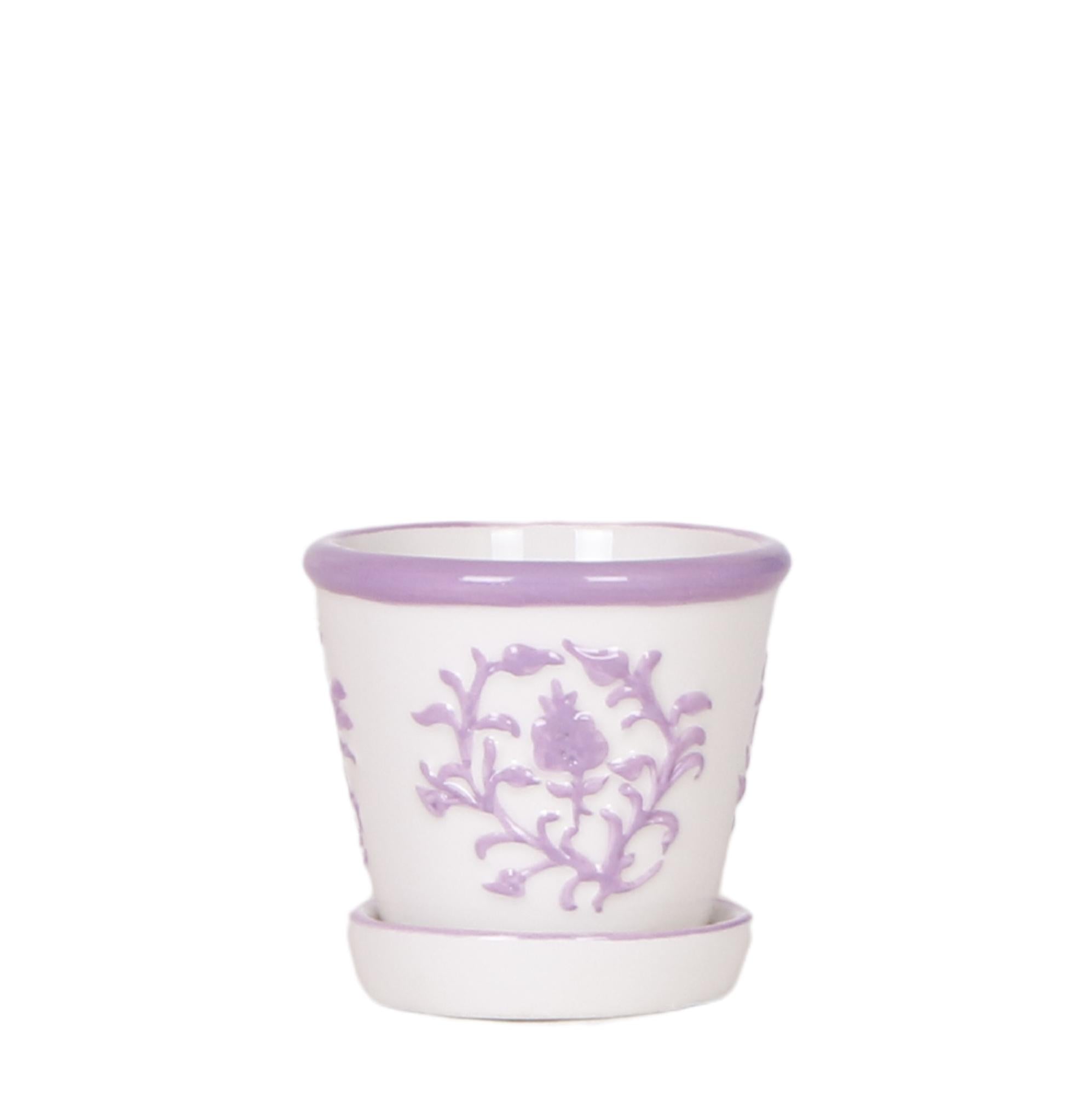Everspring keramische pot wit met paarse bloemmotieven en bijpassend onderschoteltje