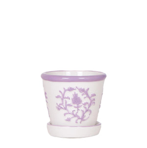 Everspring keramische pot wit met paarse bloemmotieven en bijpassend onderschoteltje