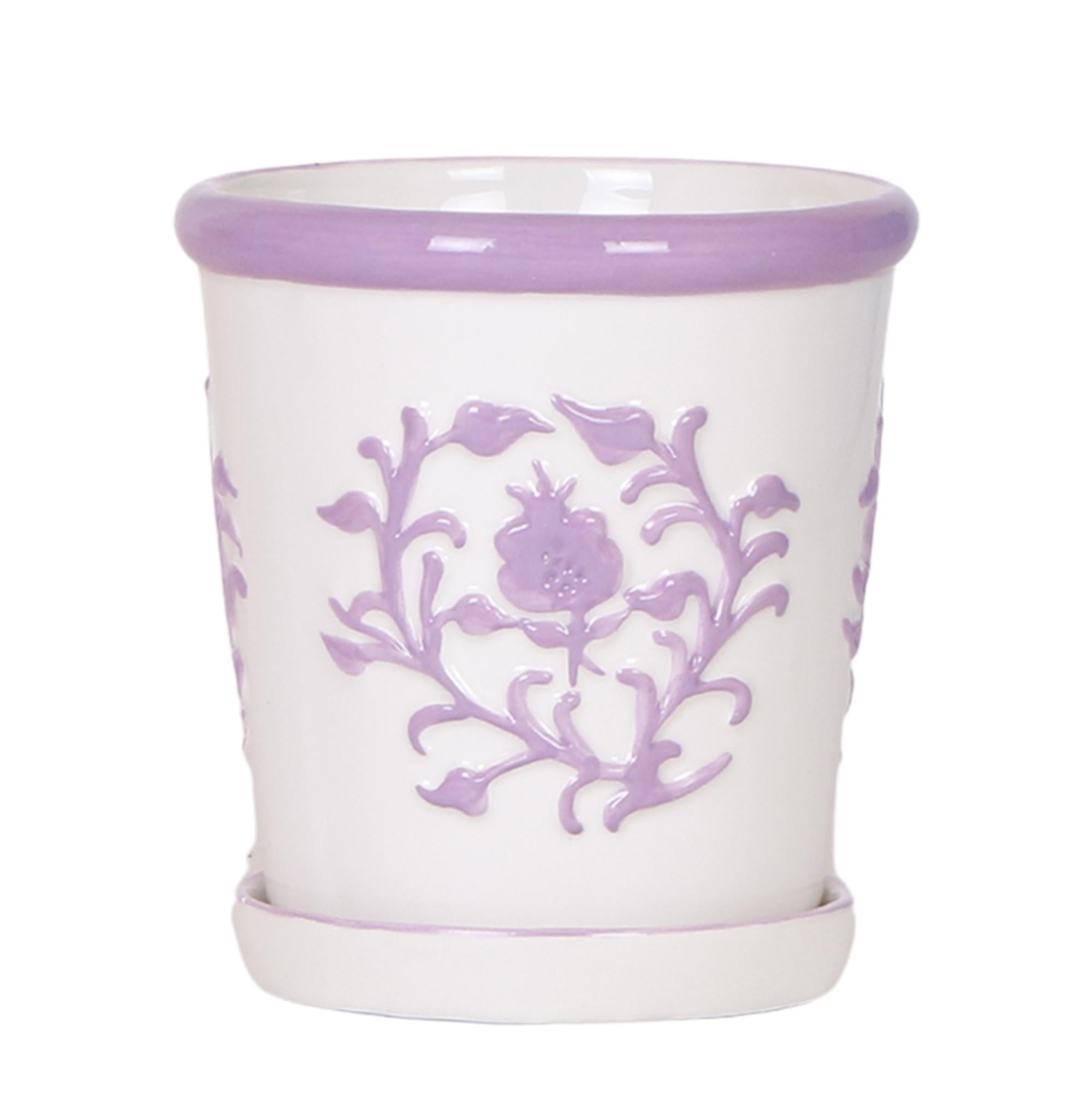 Everspring witte keramische pot met paarse bloemmotieven en bijpassend onderschoteltje