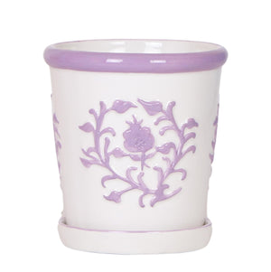 Everspring witte keramische pot met paarse bloemmotieven en bijpassend onderschoteltje