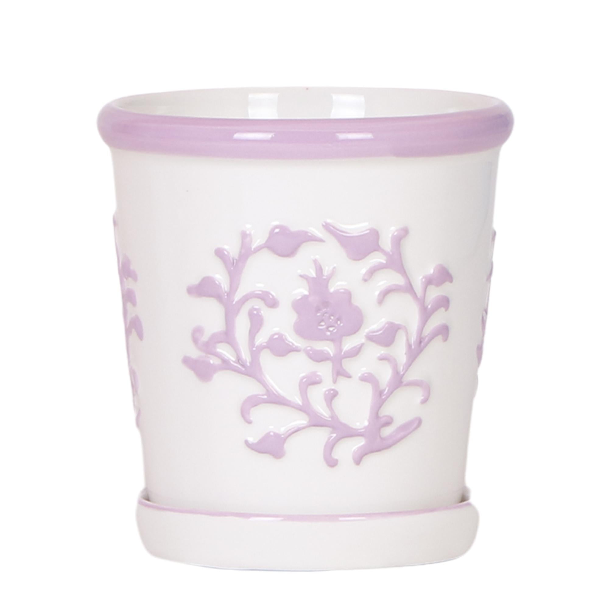 Everspring witte keramische pot met lila bloemenpatroon en bijpassend schoteltje