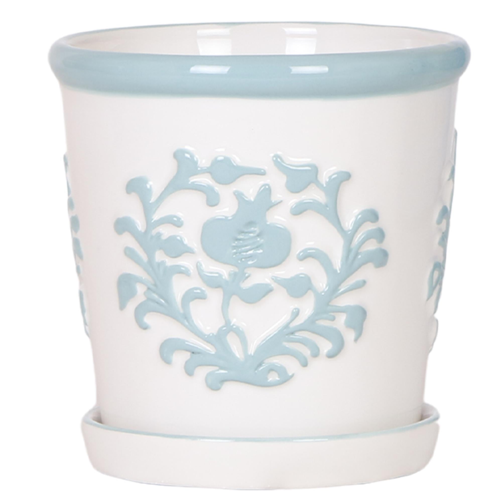 Everspring witte keramische pot met blauw decoratief bloemmotief en onderschaal