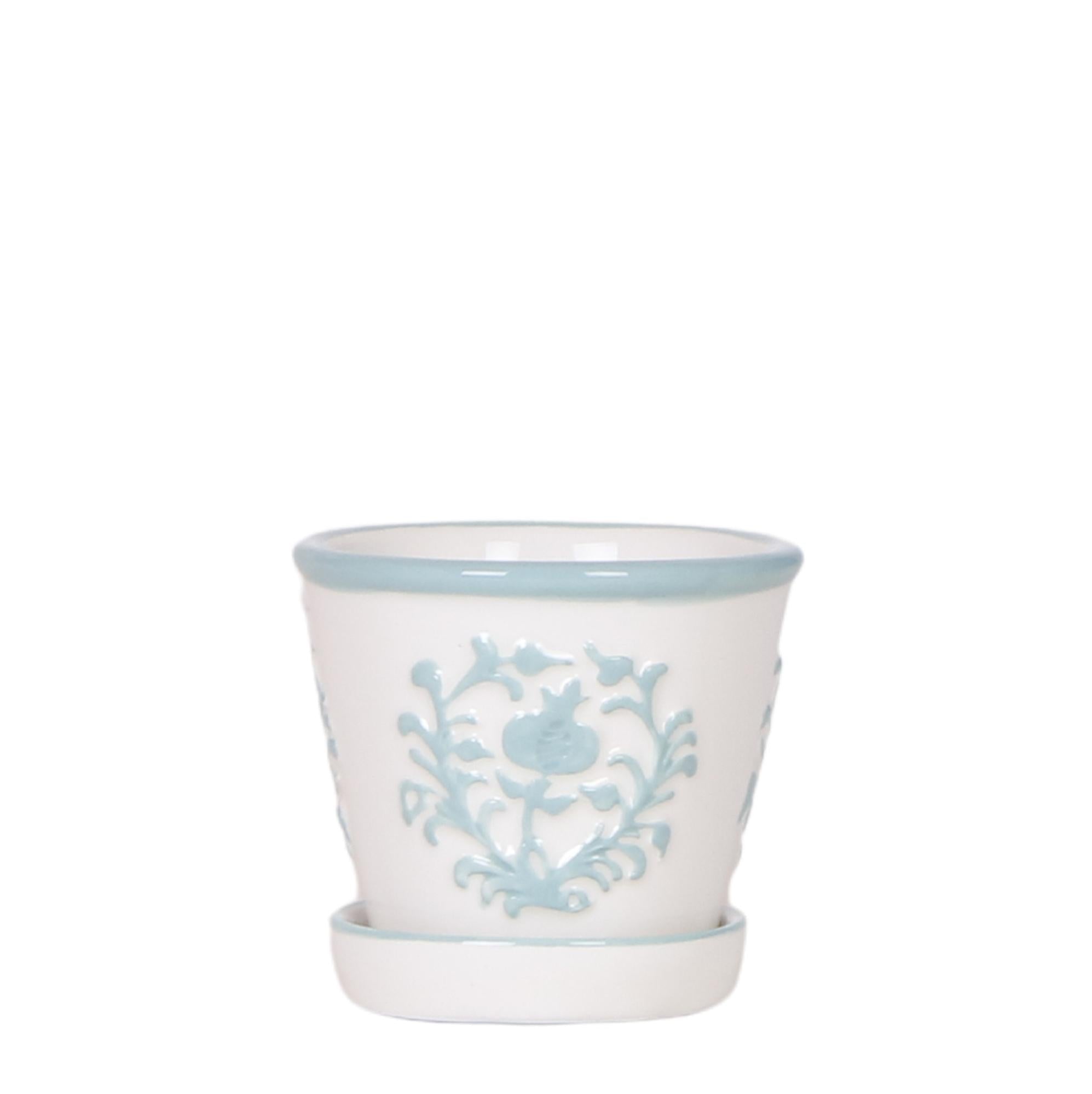 Everspring pot met blauw decoratief bloemmotief en bijpassend onderschotel